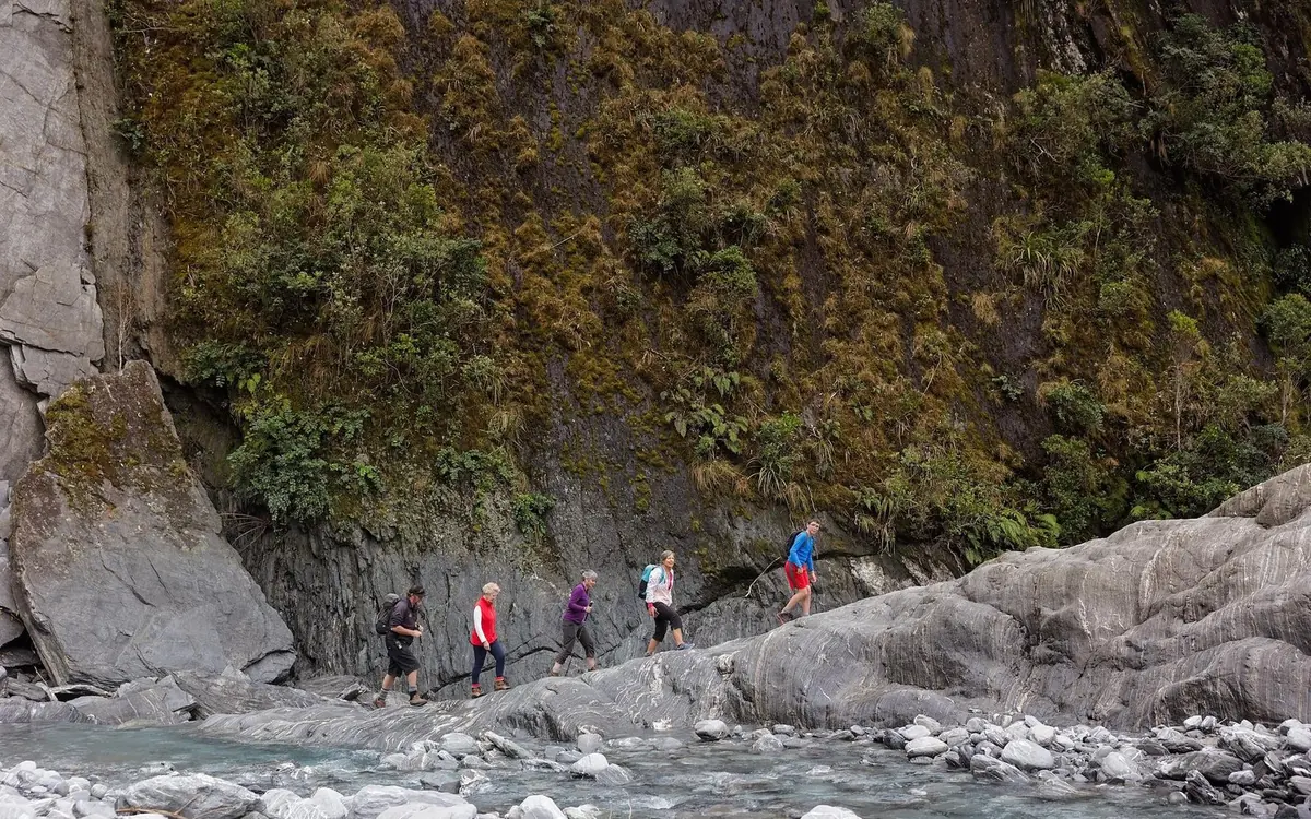 The Franz Josef Glacier valley track running through rainforest towards the ice